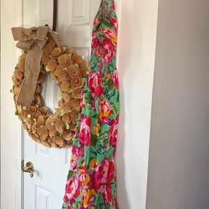 Floral Maxi Dress in Aqua with Pink & Yellow Blooms